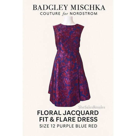 Badgley Mischka Couture for Nordstrom Floral Jacquard Fit & Flare Dress Size 12 - Picture 3 of 11